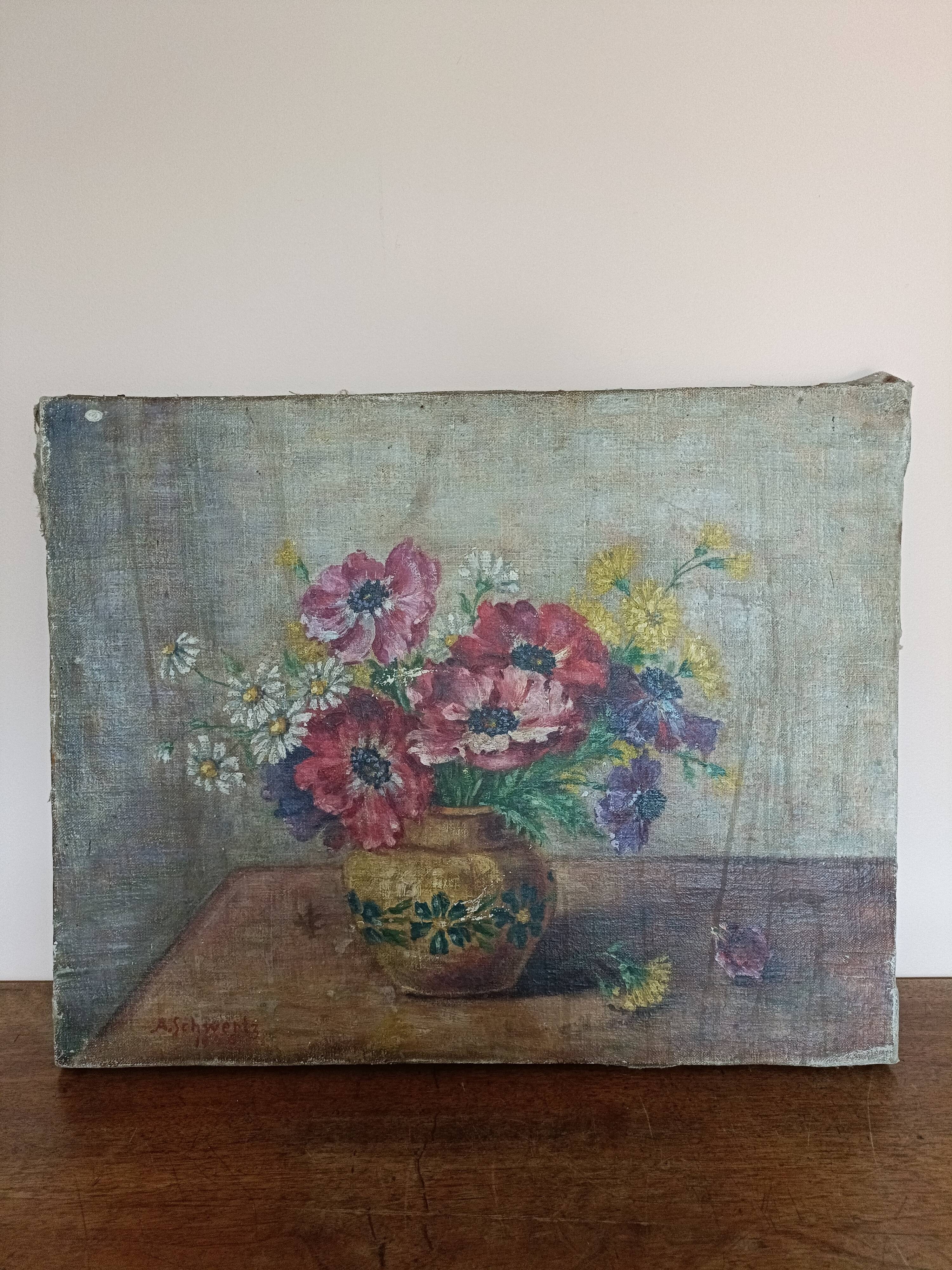Flowered scene painting by A. Schwerz 1946