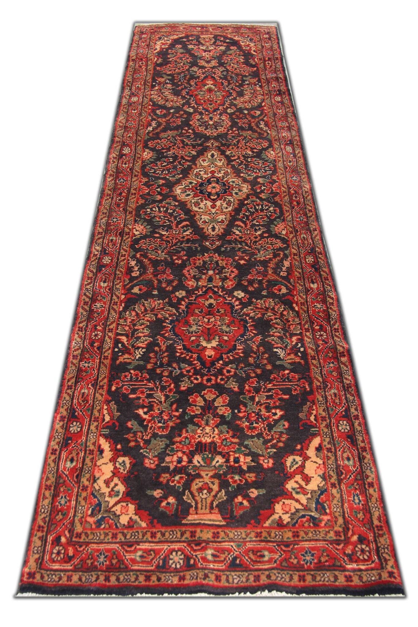 Long Vintage Oriental Runner Rug, Herati Wool Handwoven Hallway Carpet, 85 x 365