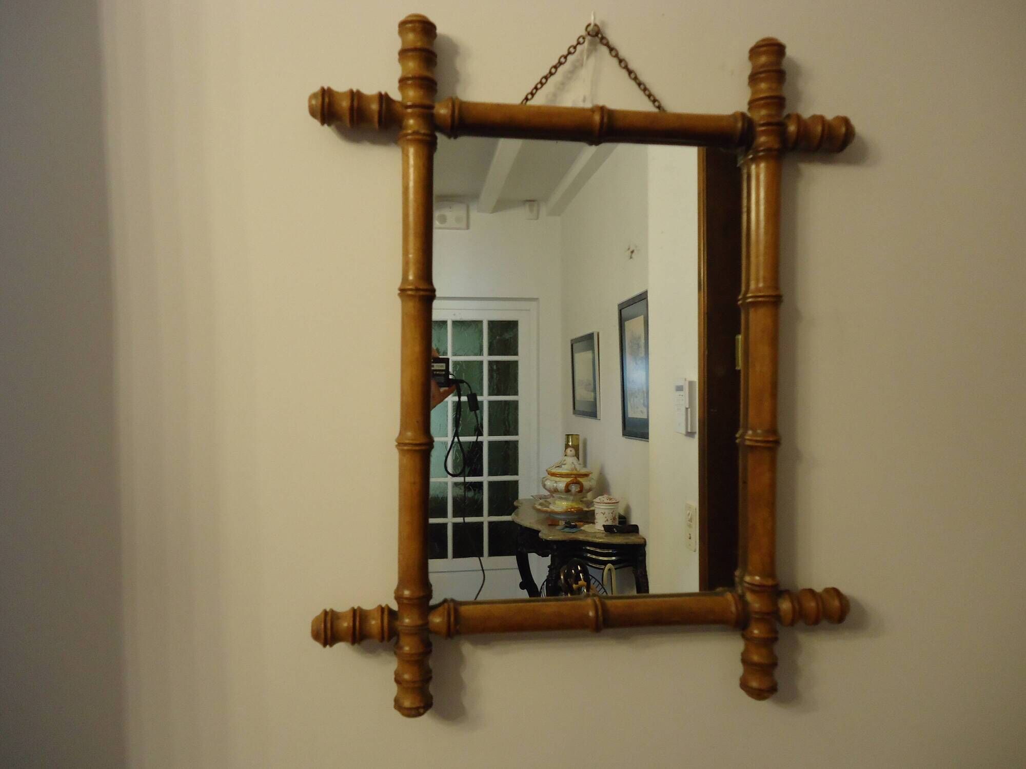 Antique turned wooden mirror in bamboo style, late 19th century A117