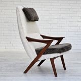 1960s, Scandinavian design, reupholstered armchair, furniture fabric, genuine sheepskin, teak.