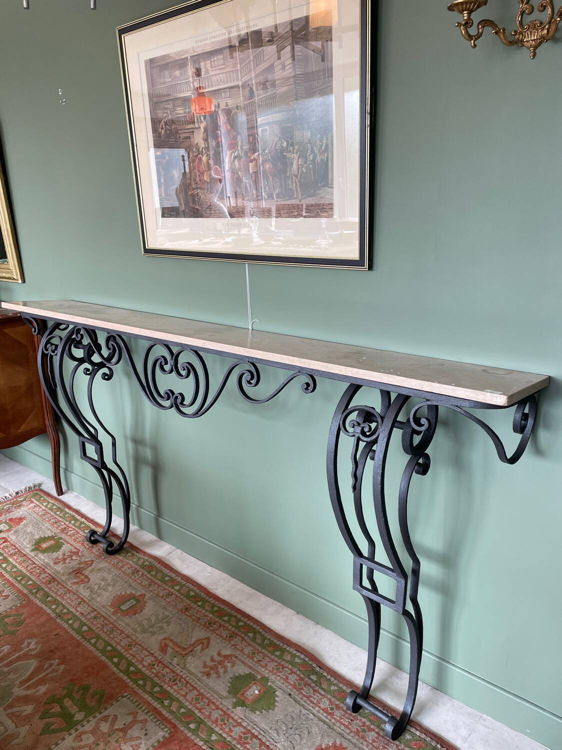 Black wrought iron & beige marble console table