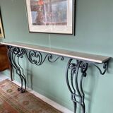 Console en fer forgé noir & marbre beige