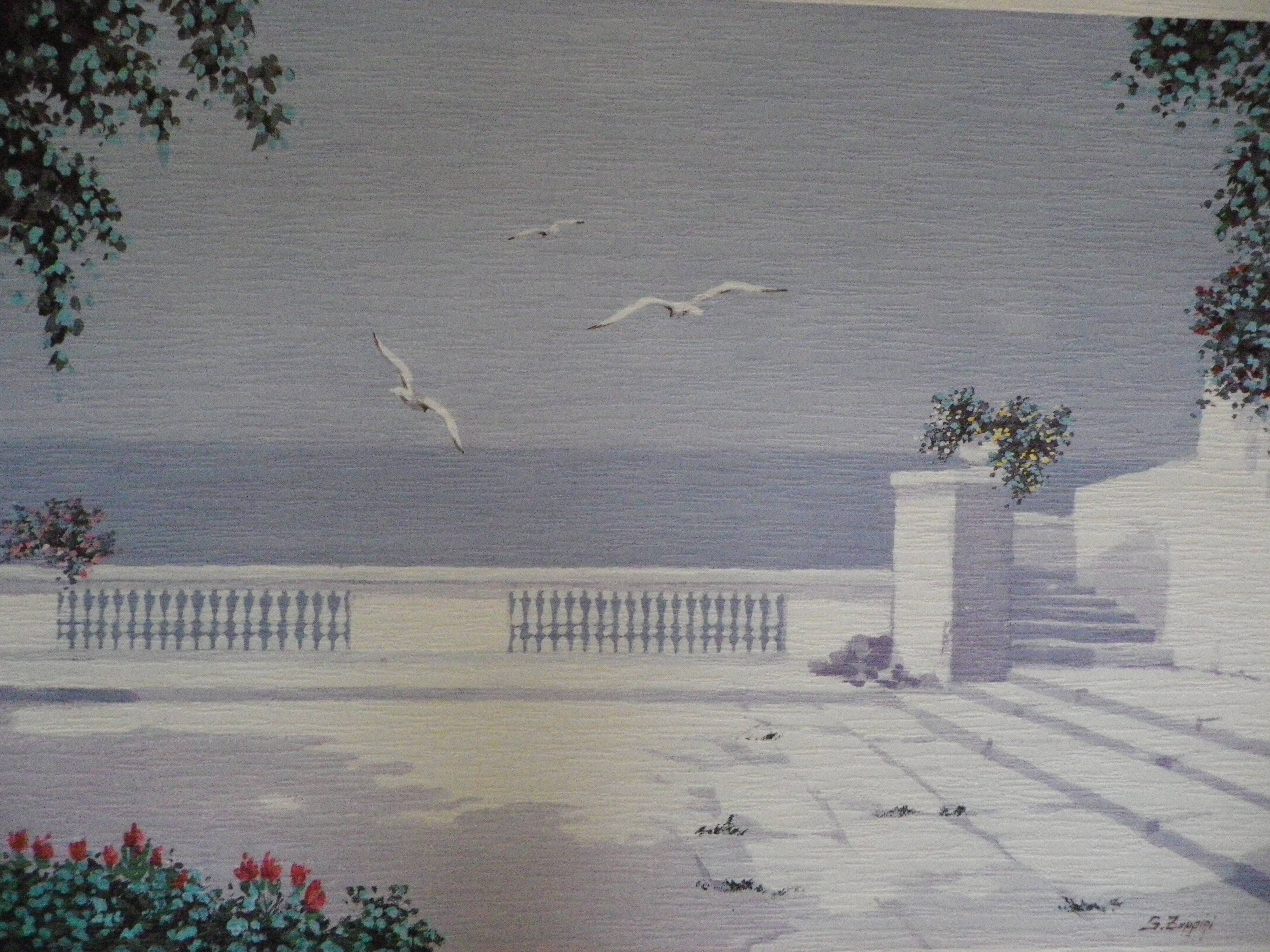 Giorgio Zuppini, Terrace by the Sea with Seagulls, Lithograph, 1970
