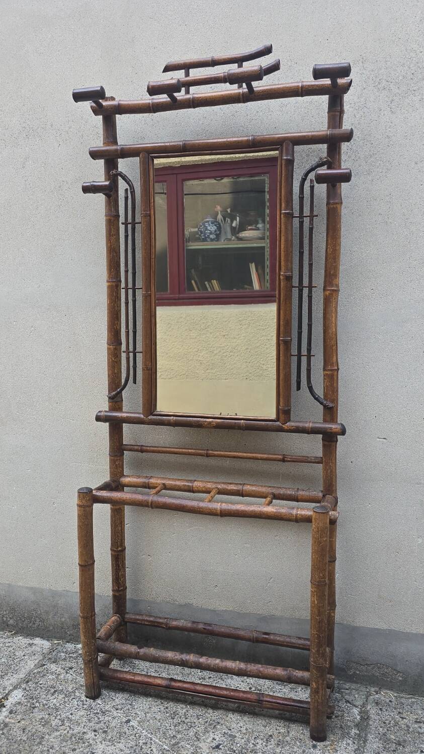 Vestiaire en bambou teinté avec miroir et porte-parapluies – 1920