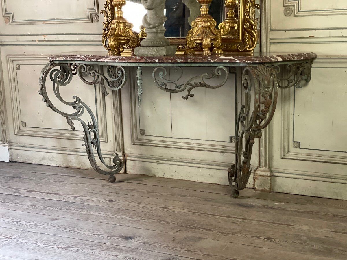Wrought iron console and its marble, circa 1880