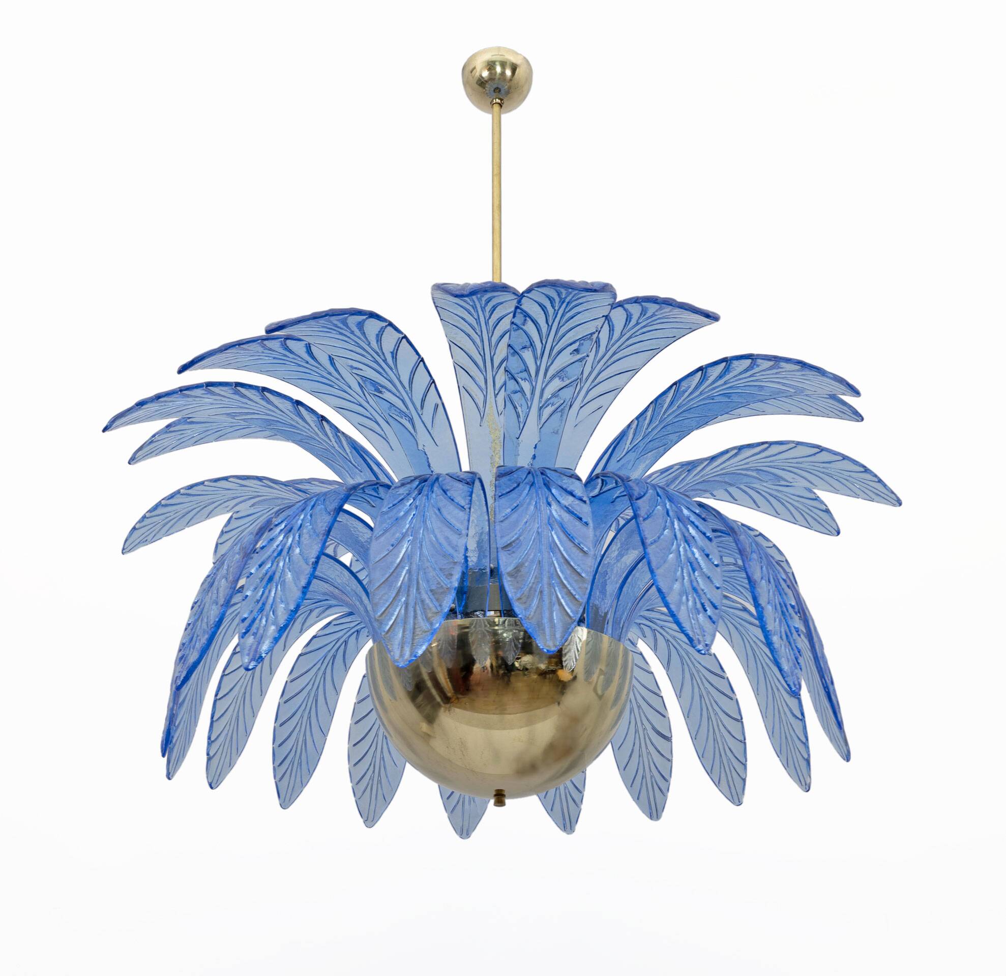 Mid-Century Modern Palm Leaves Big Chandelier Murano Glass and Brass