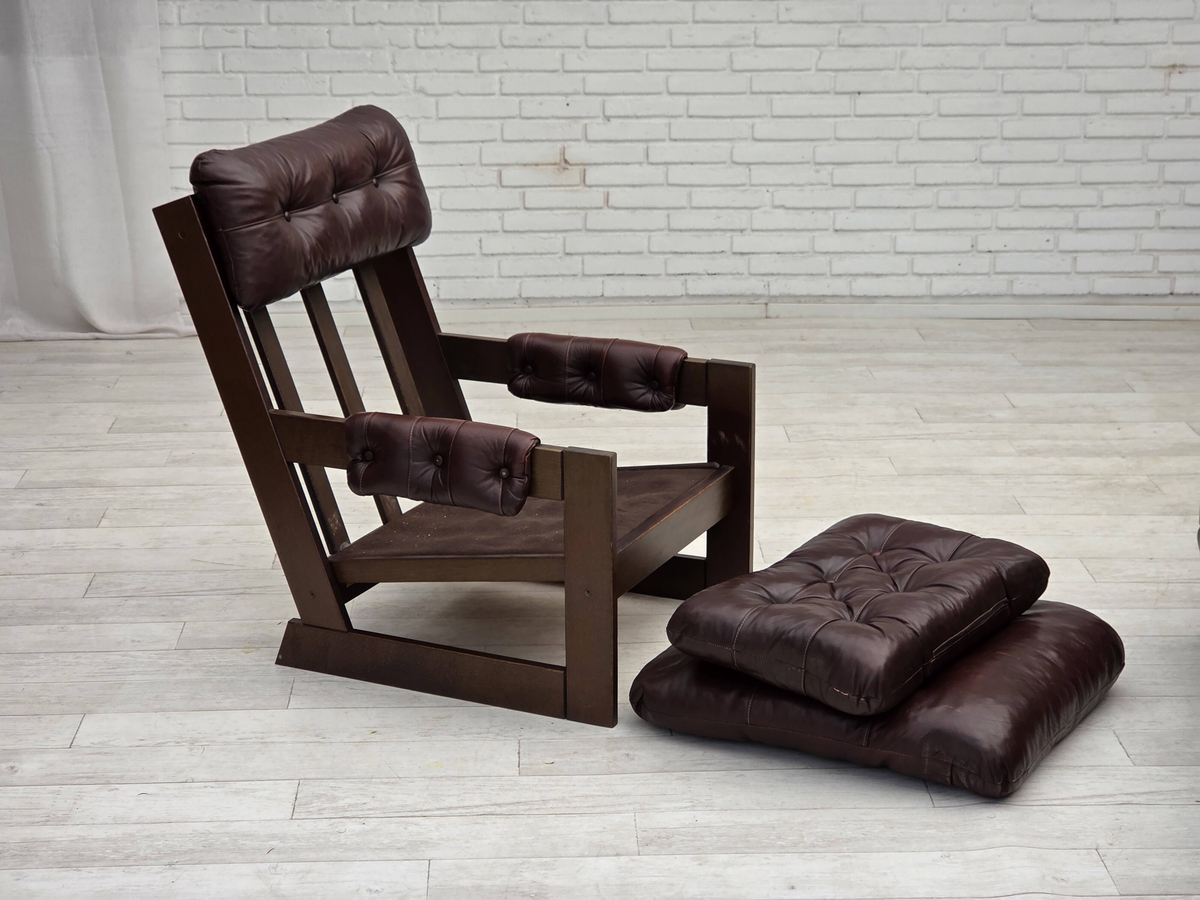 1970s, Scandinavian highback armchair, brown furniture leather, dark beech.
