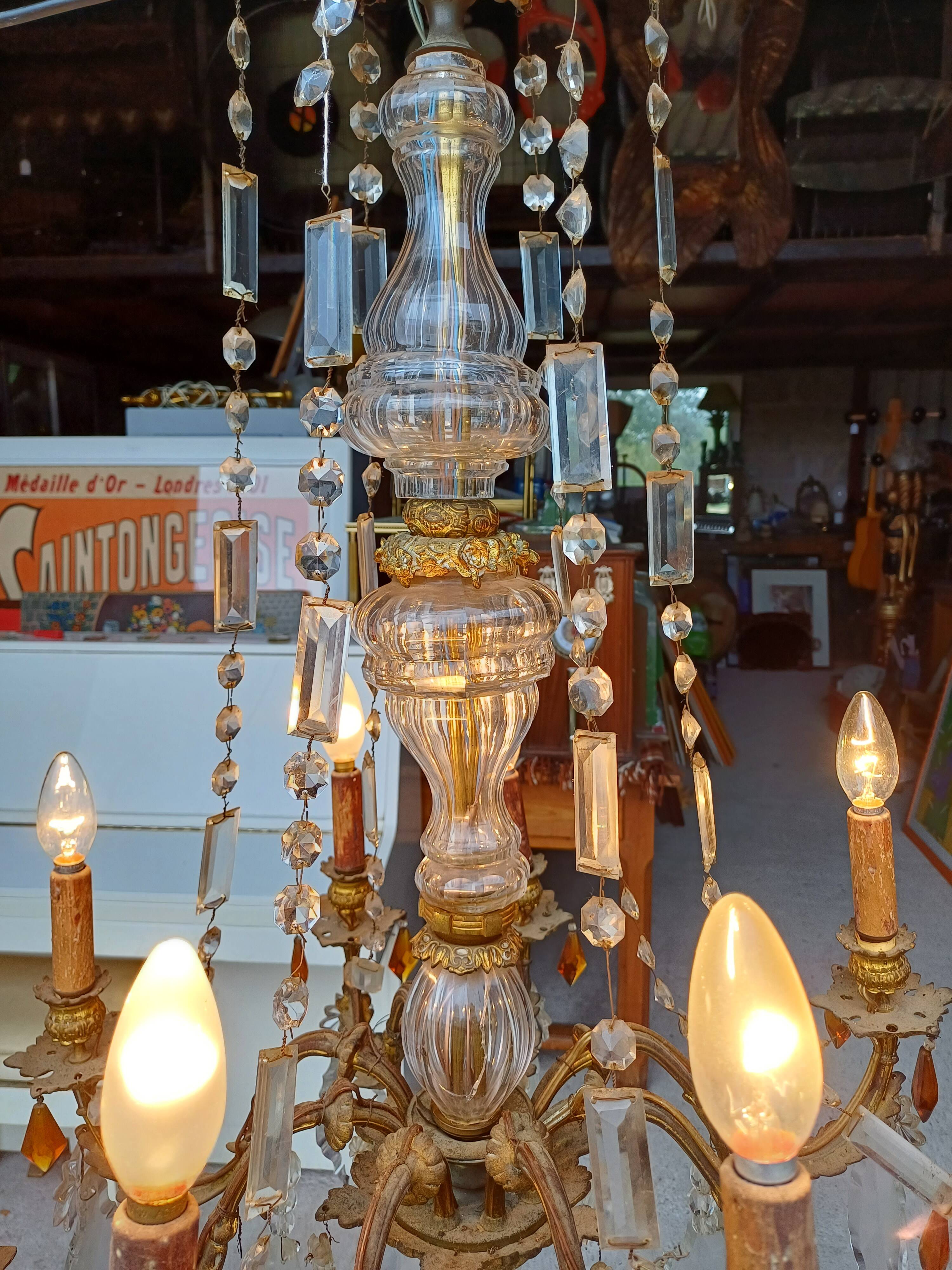 19th Bronze and Crystal Chandelier