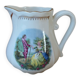 Old large milk jug, small ceramic pitcher with gallant scene decor