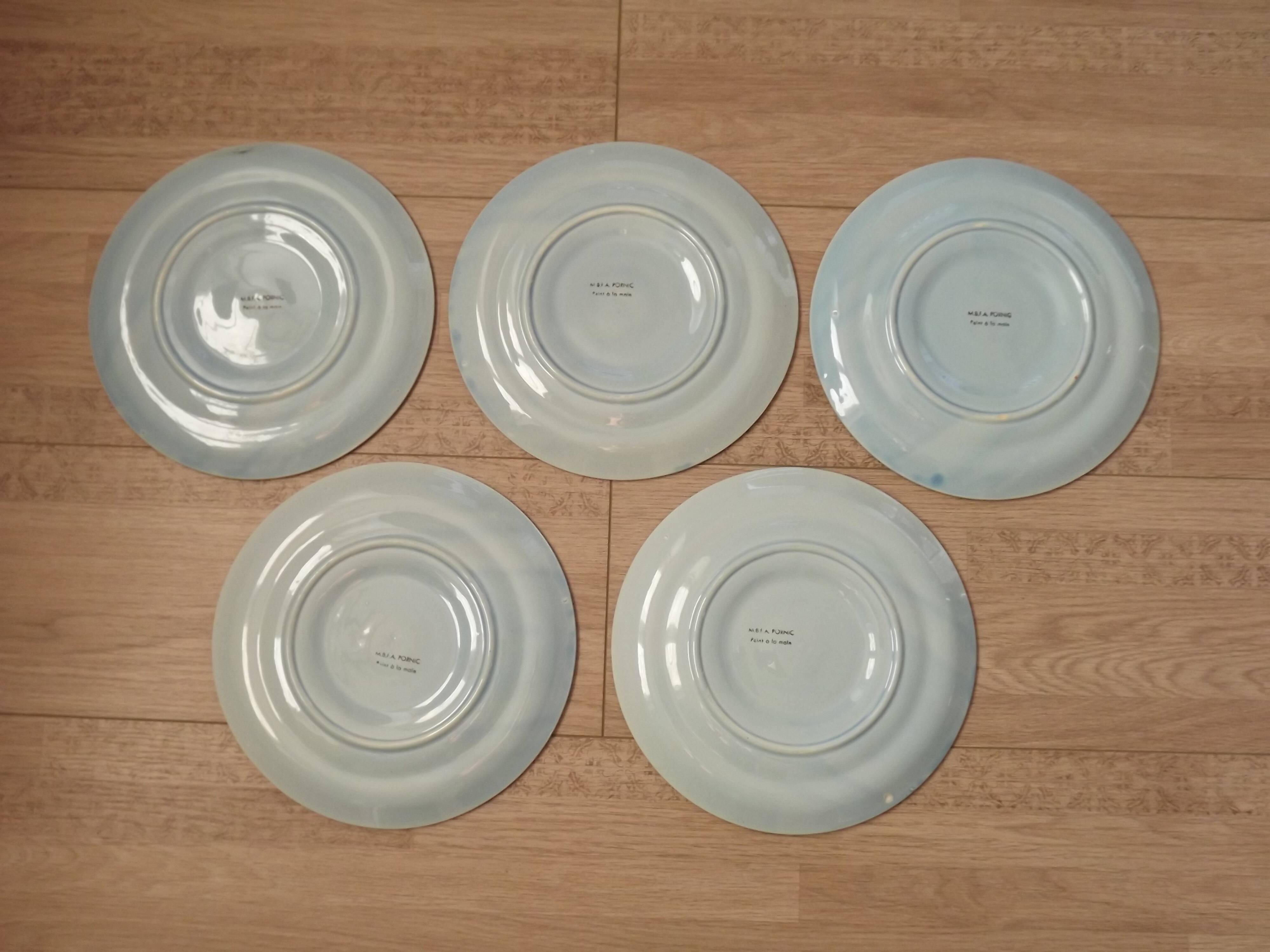 Set of 5 French Pordic Blue Grey & Orange Hand Painted 6 Well Oyster Plates 4974