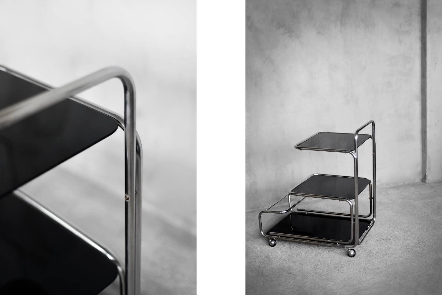 Vintage Mid-Century German Modern Bauhaus Chrome & Glass Serving Trolley