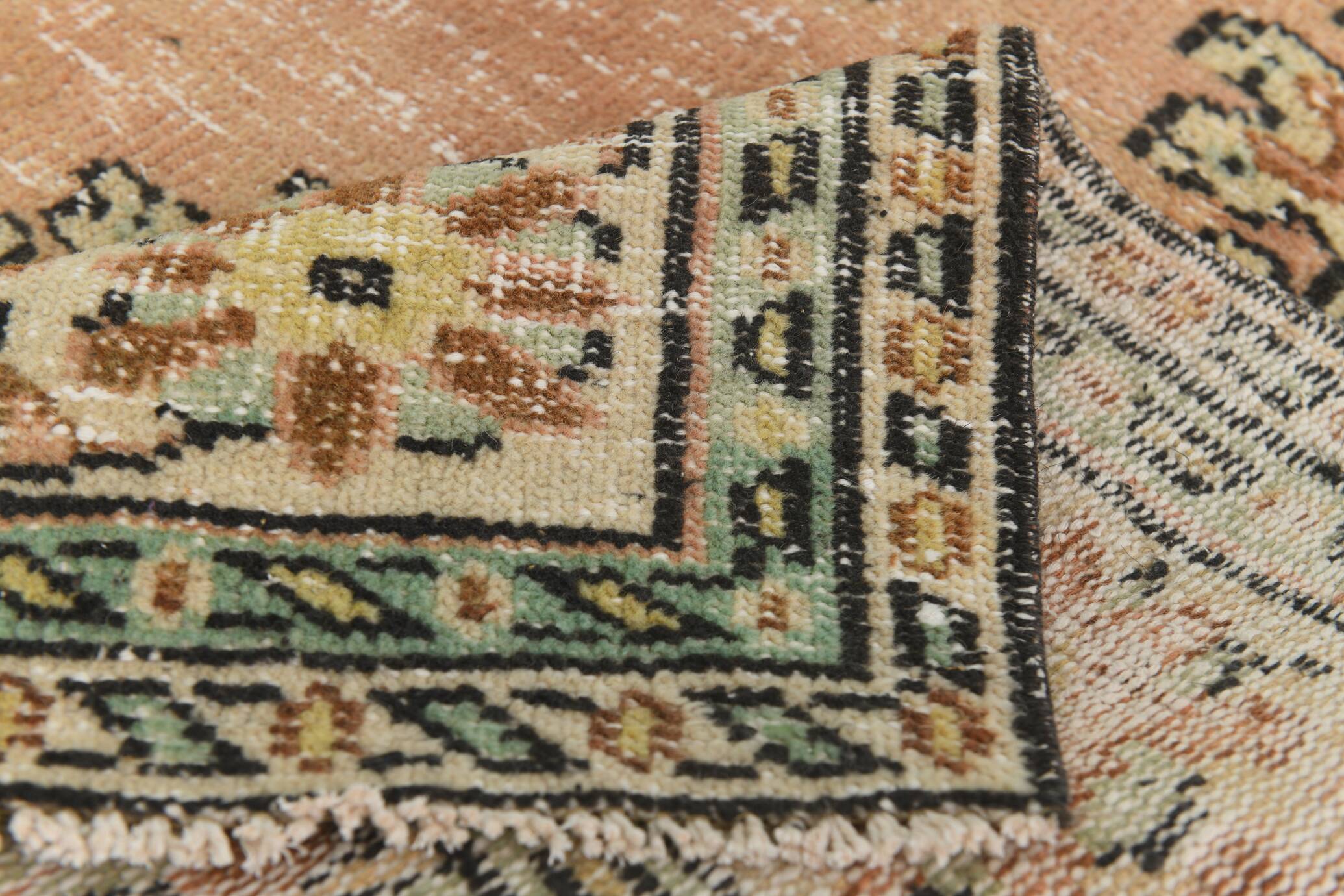 Tapis Vintage Anatolien Rose Poudré, Vert Sauge et Bleu, Fait Main, 191x286 Cm
