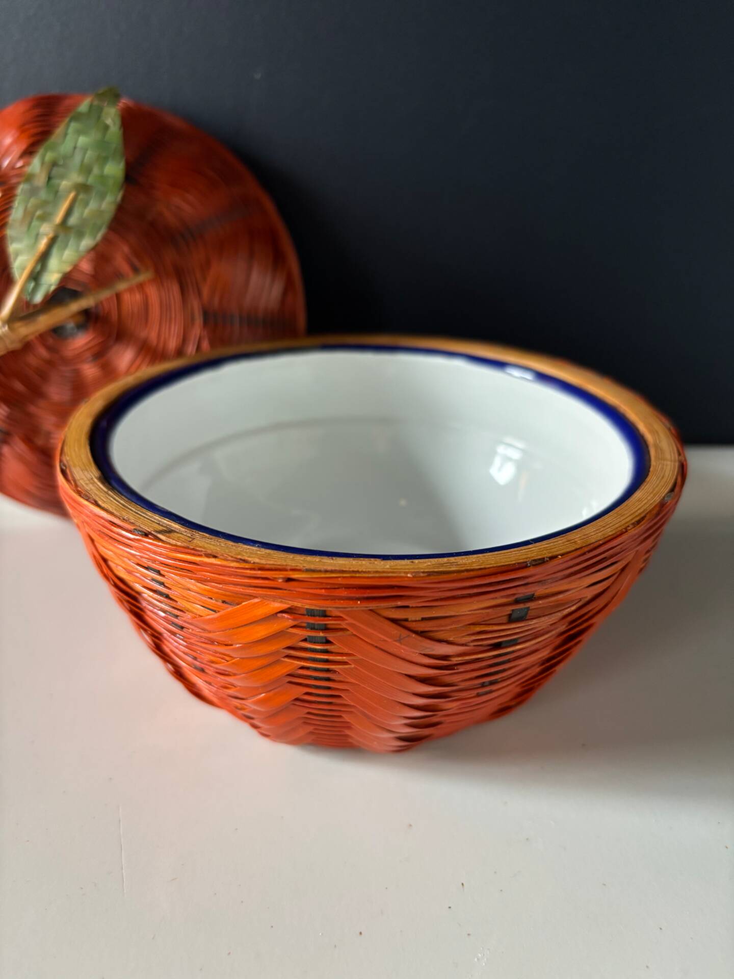 Vintage woven basketwork box – decorative apple shape