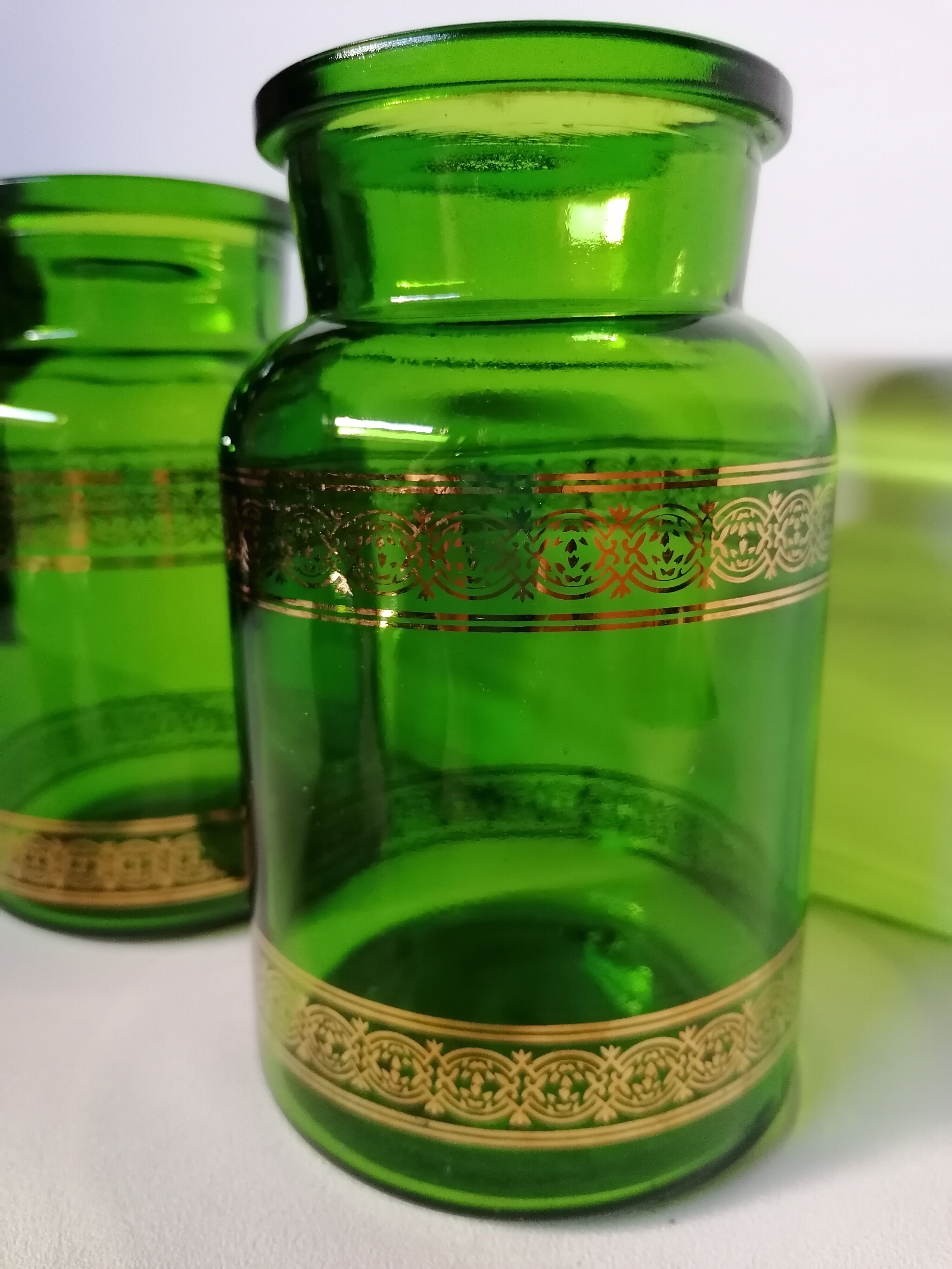 Pair green apothecary jar