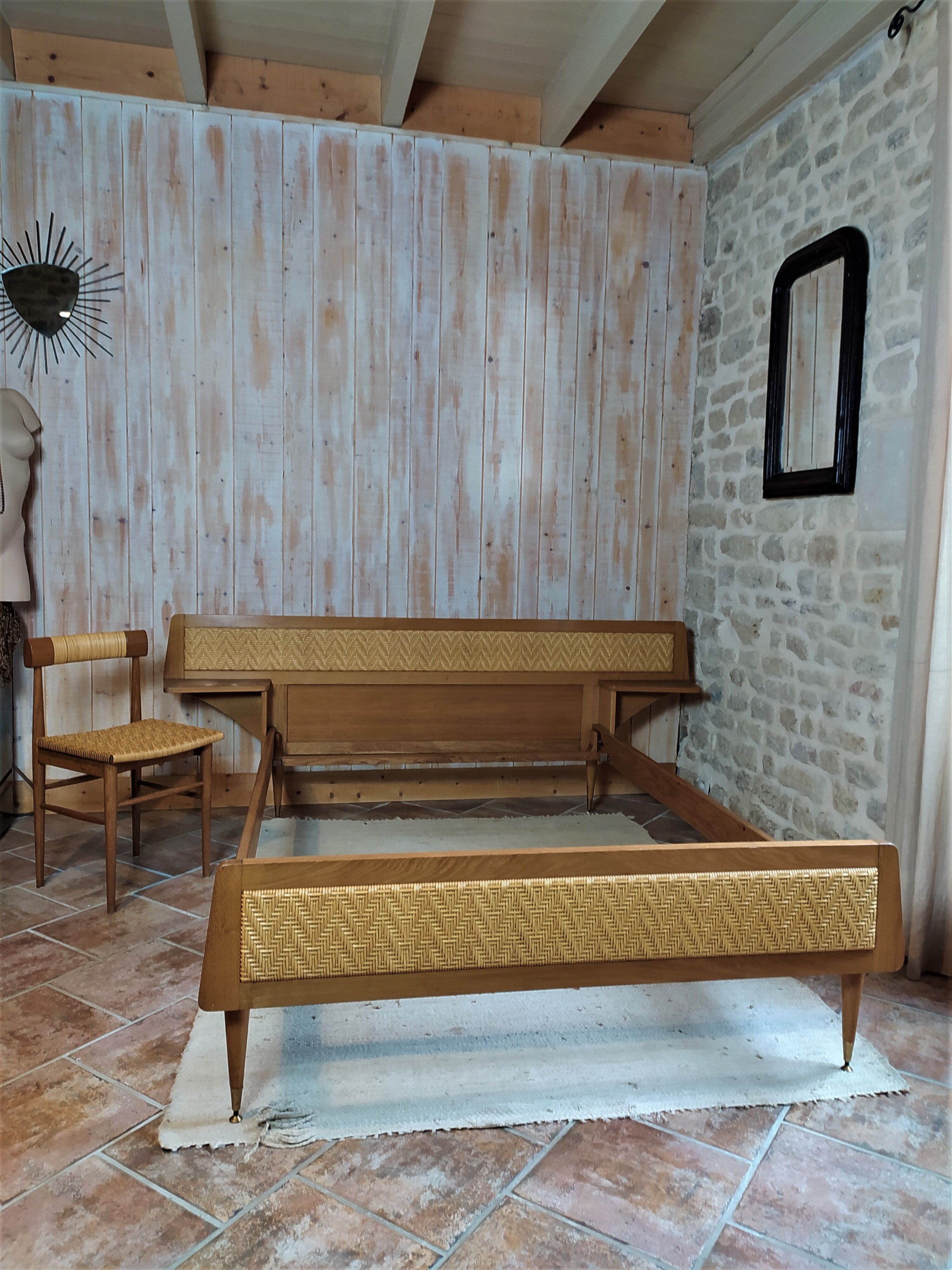 Bed and chair wood and rattan