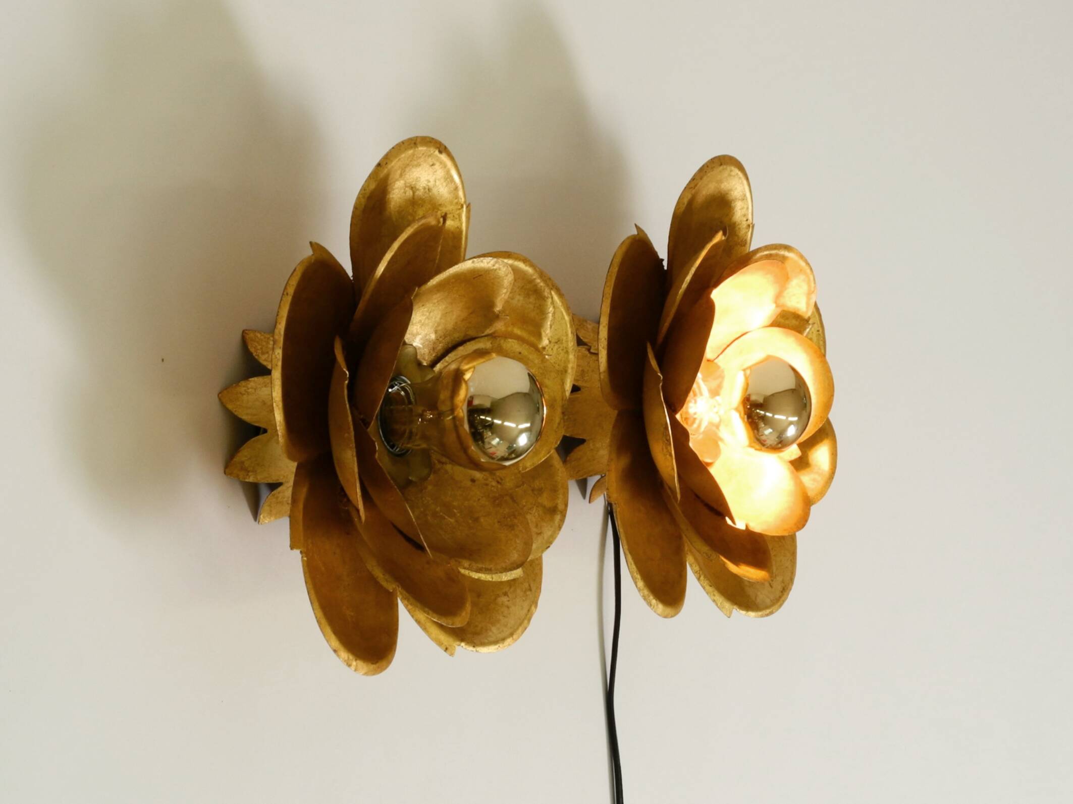 Two beautiful, large, gilt wall lamps, "Water Lily," Italy, 1960s
