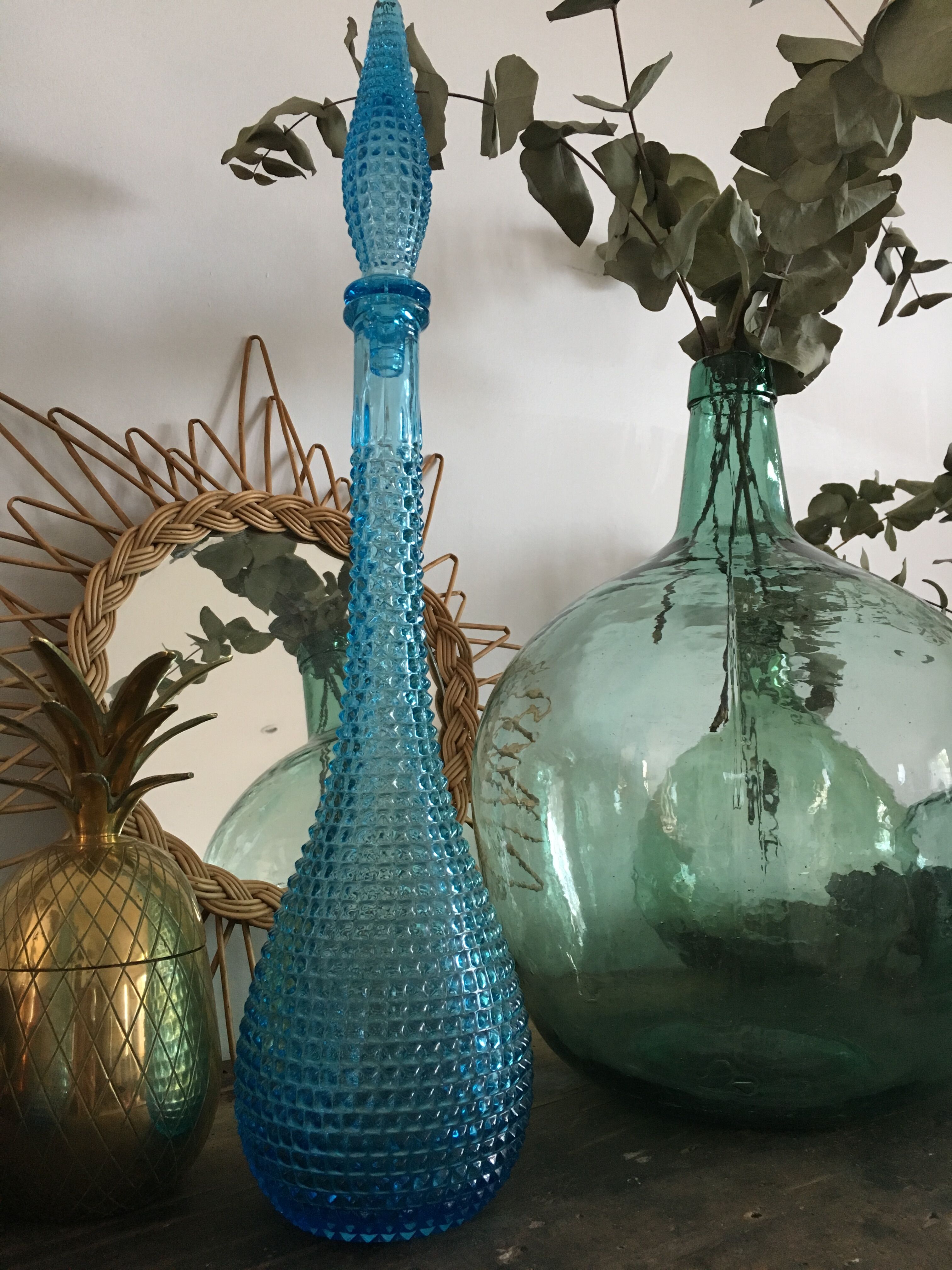 Turquoise blue textured glass carafe