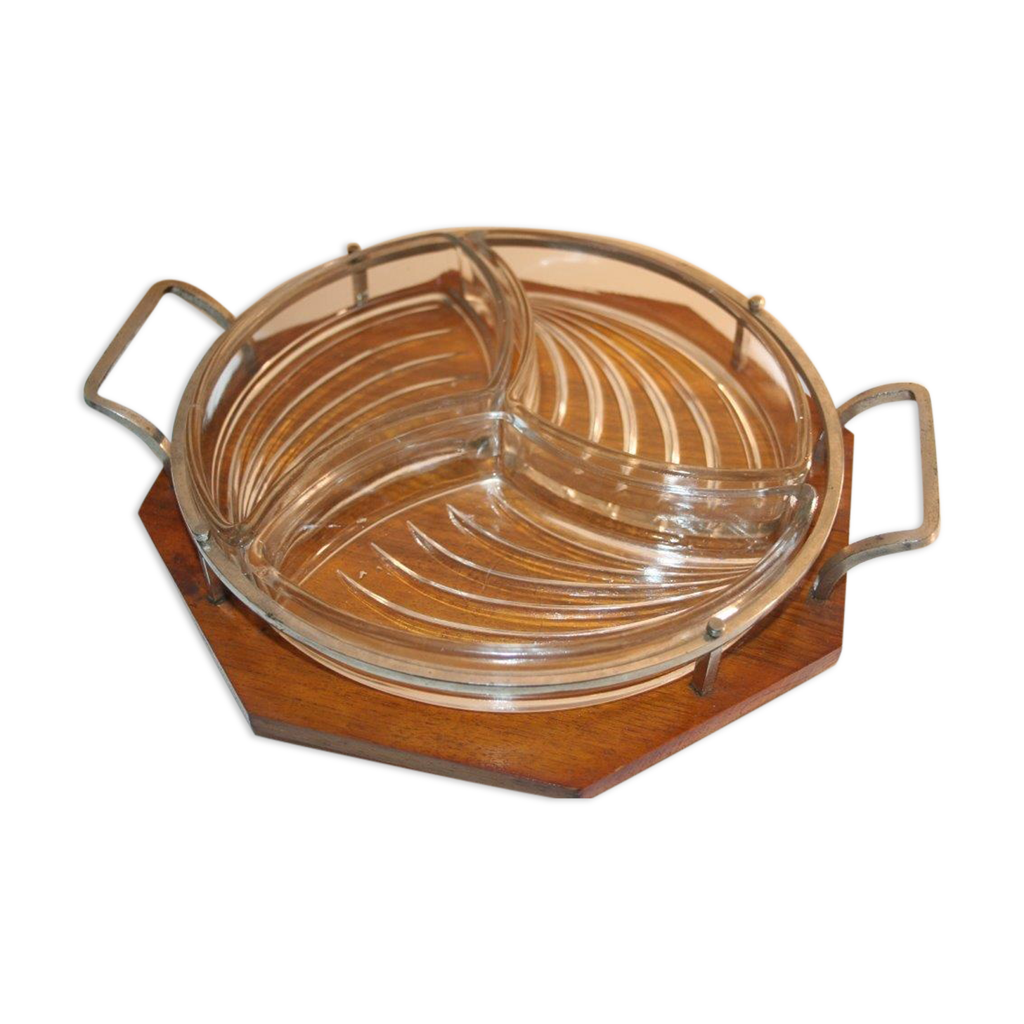Tray handles chrome 3-compartment glass deco art wood