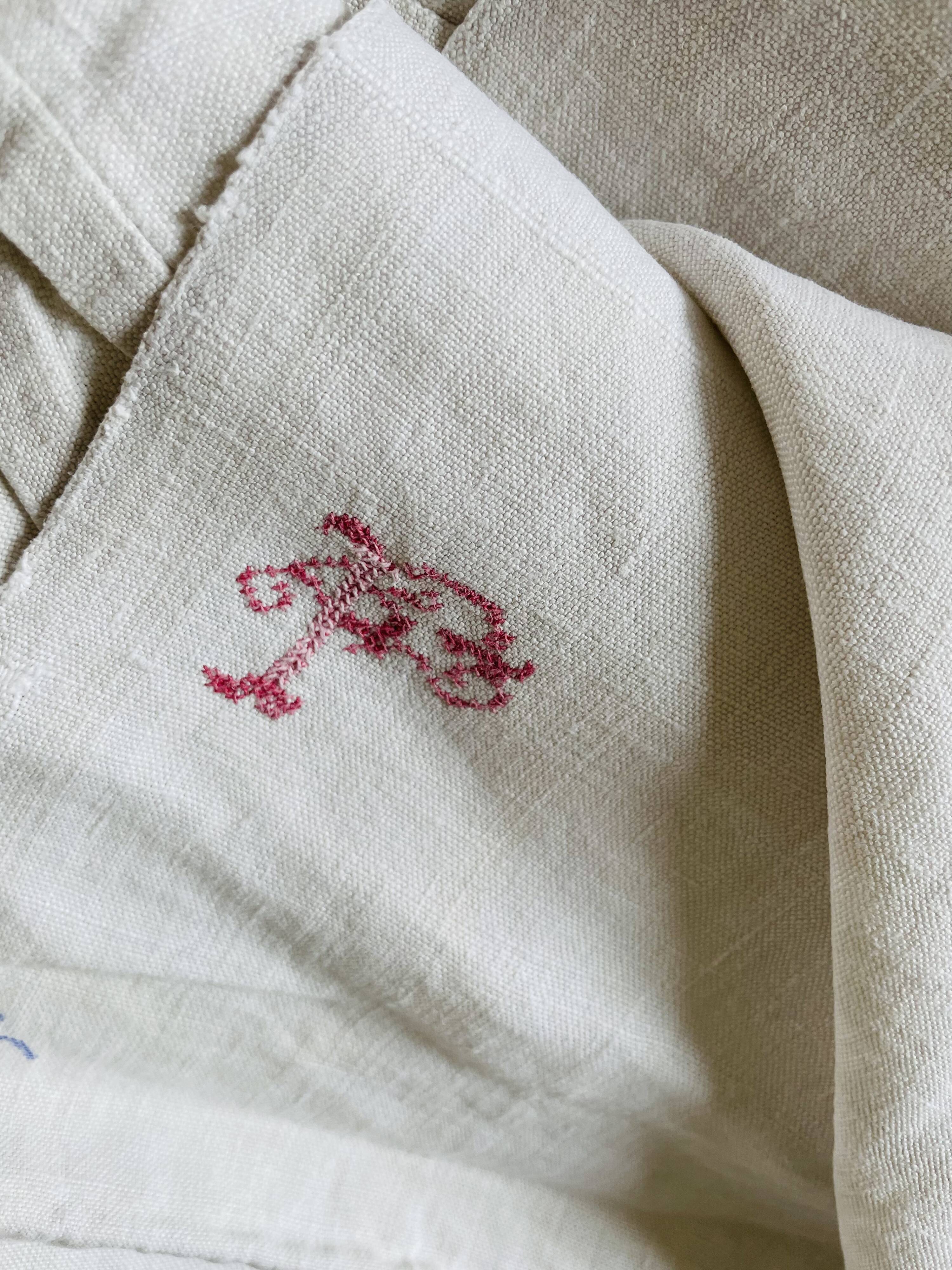 Old linen sheet embroidered red monogram