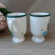 Sugar set and duo mugs, two ceramic cups decoration ducks birds green and yellow painted