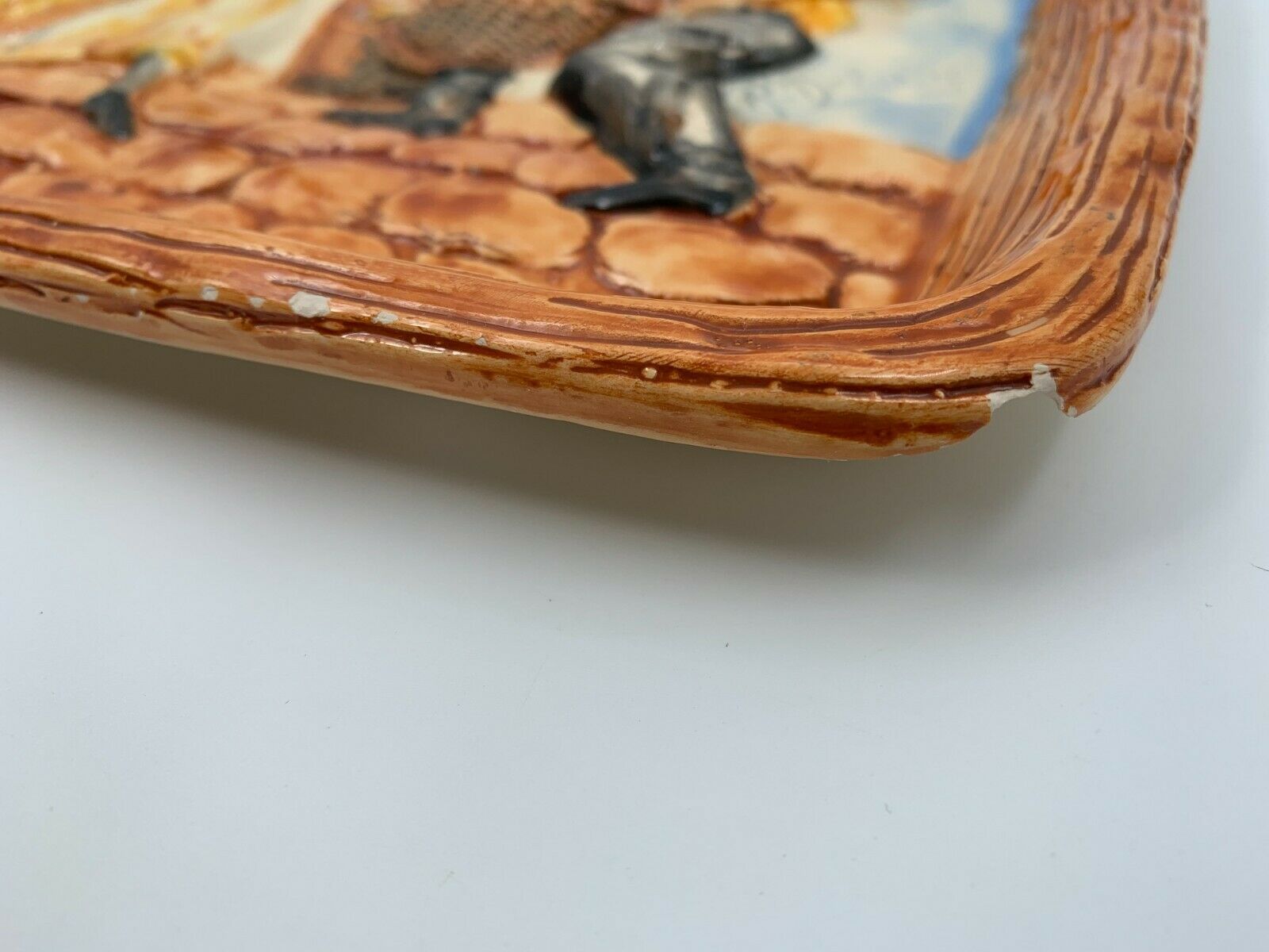 DISH IN BARBOTINE SCENE OF FISHERMAN 1960 FORT RELIEF RENE DELARUE DEVRES