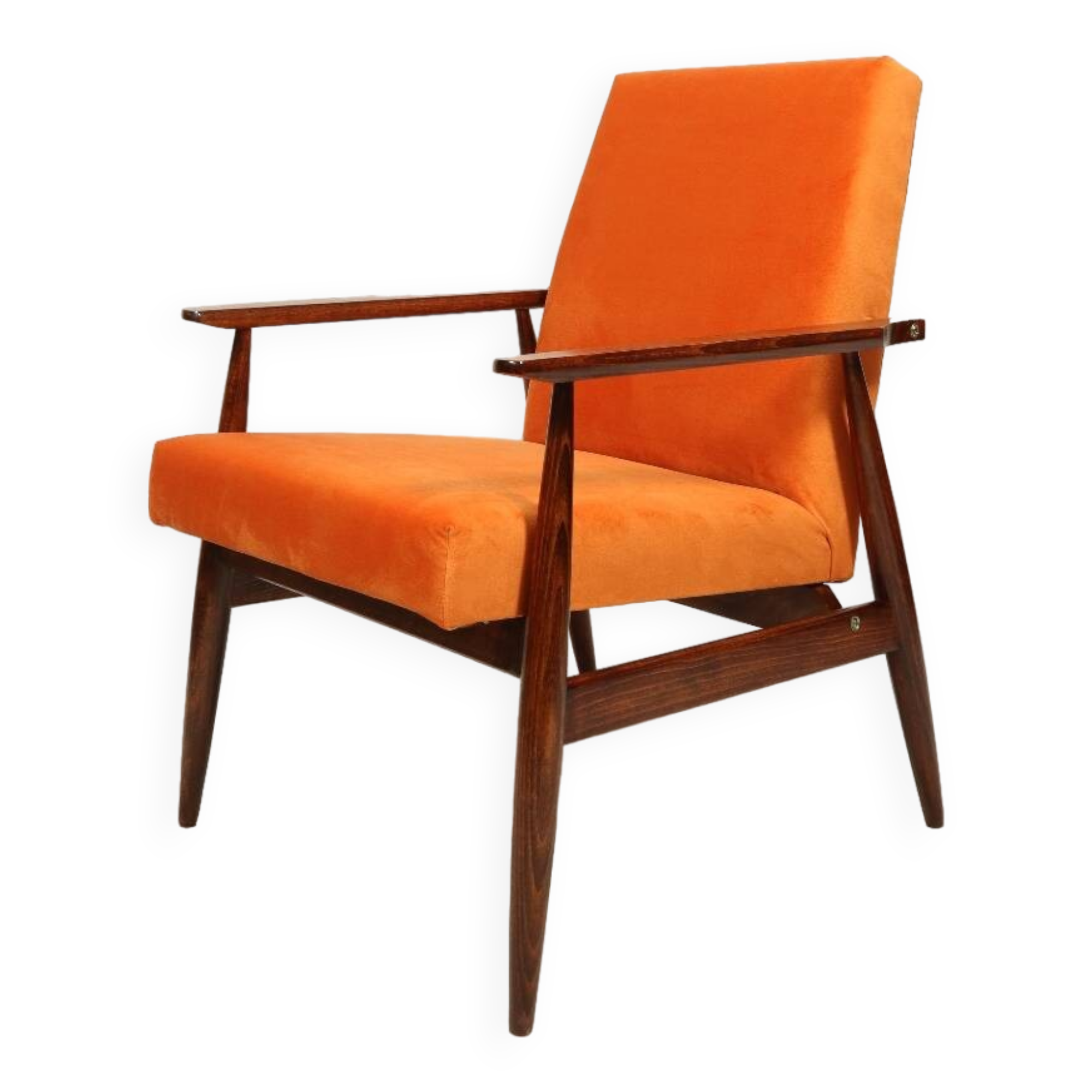 Modern armchair in orange papaya velvet with dark brown wood, 1970s Scandinavian style.