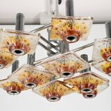 12-light Mazzega chandelier in amber and clear murano glass and chrome. Ita