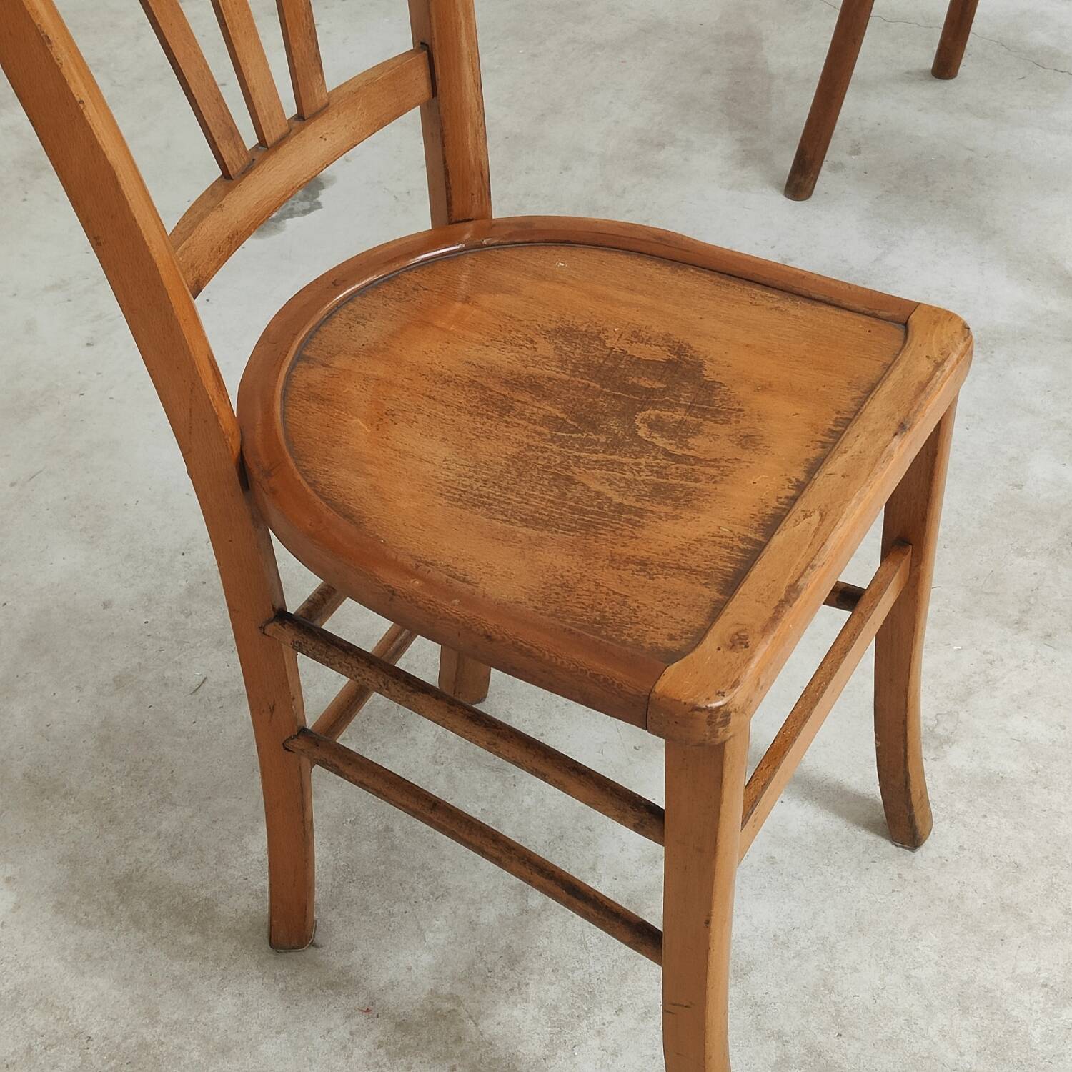 Set of 6 mismatched blond wood bistro chairs