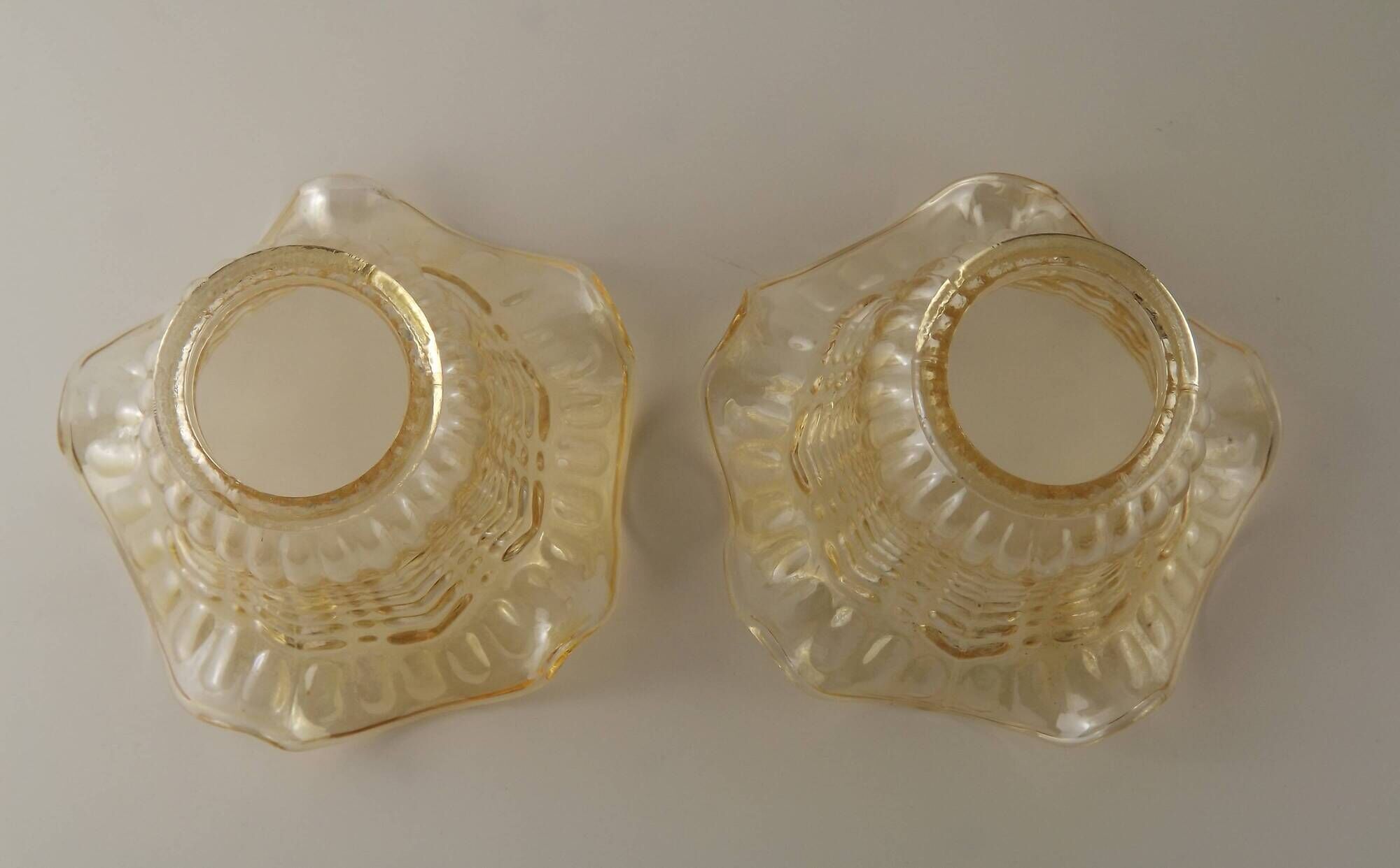 Matching Pair of Vintage French Amber Patterned Glass Shades 5594