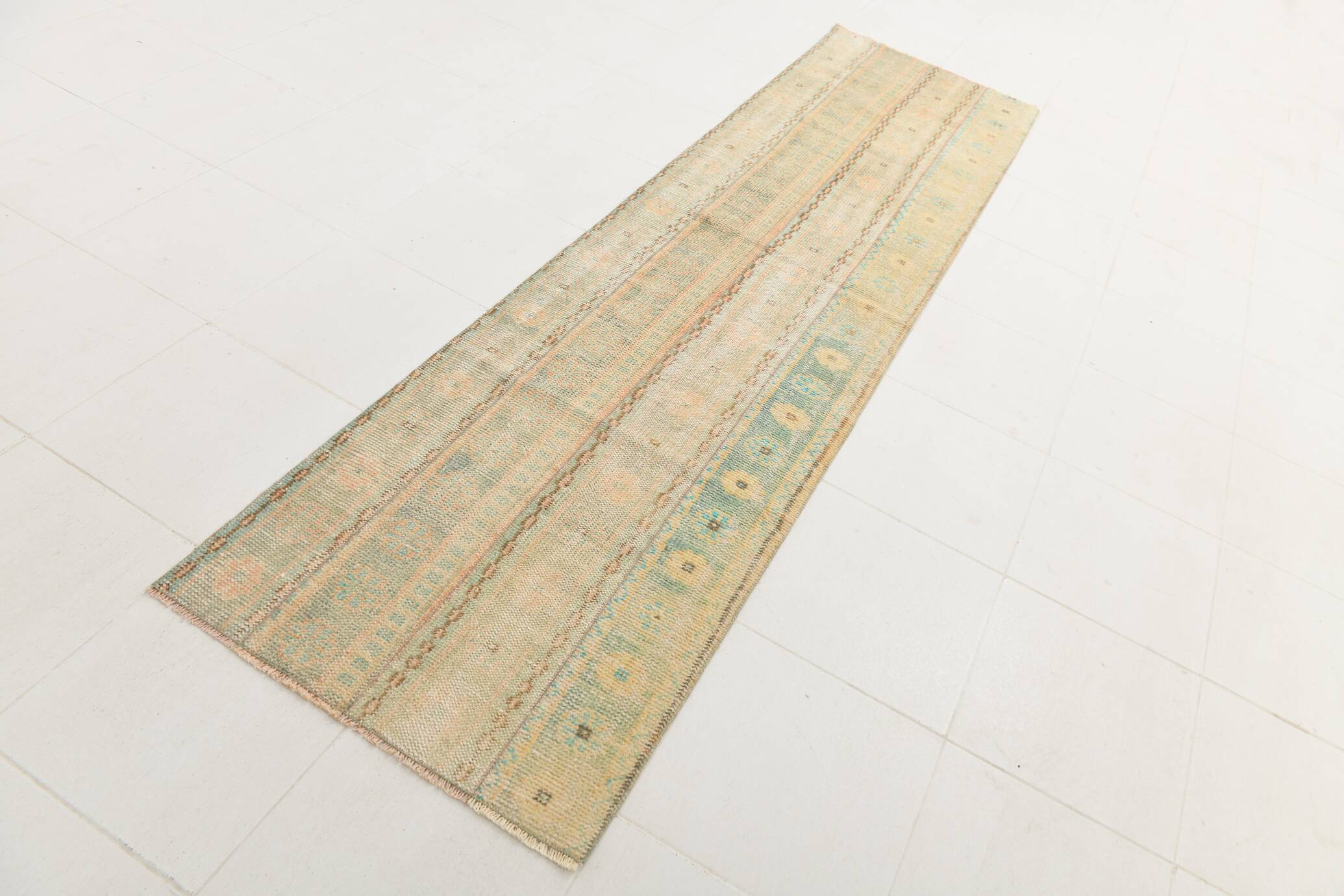 2x10 Vintage Brown & Cream Turkish Runner Rug, 80x306Cm