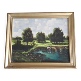 Old painting depicting a countryside landscape