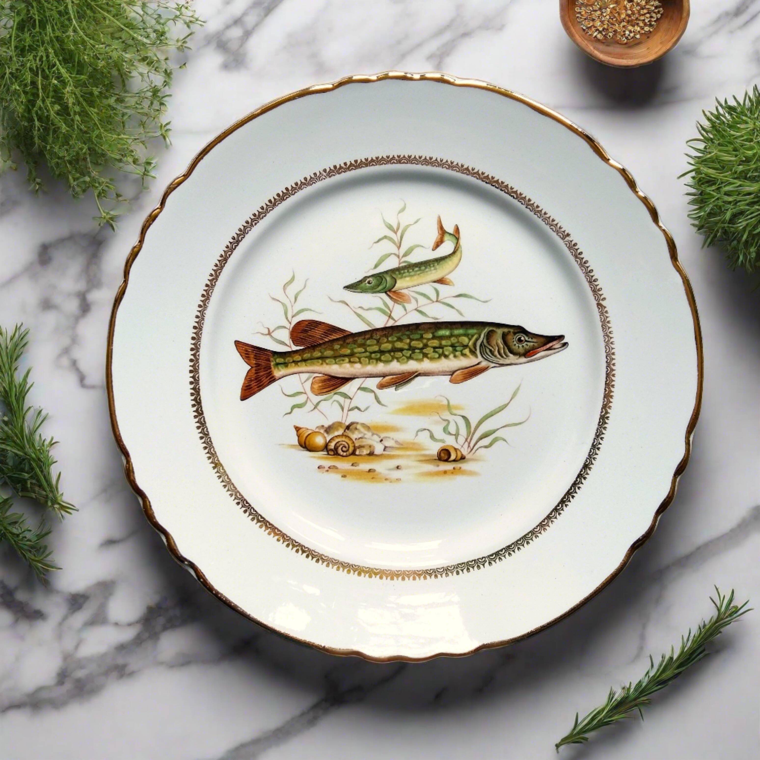 Six Vintage Fish Plates by Moulin des Loups. French Fish Plate Set. Fish Dinnerware Set.