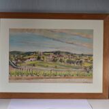 Large French watercolor landscape painting by Yves Ratier depicting rolling countryside