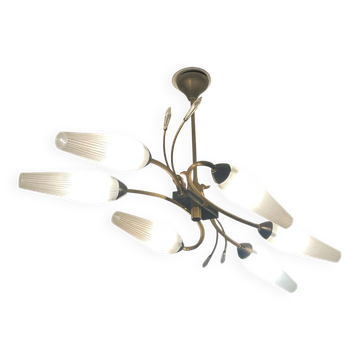 Lustre laiton et verre opalin, style Maison Lunel/Arlus — années 1950