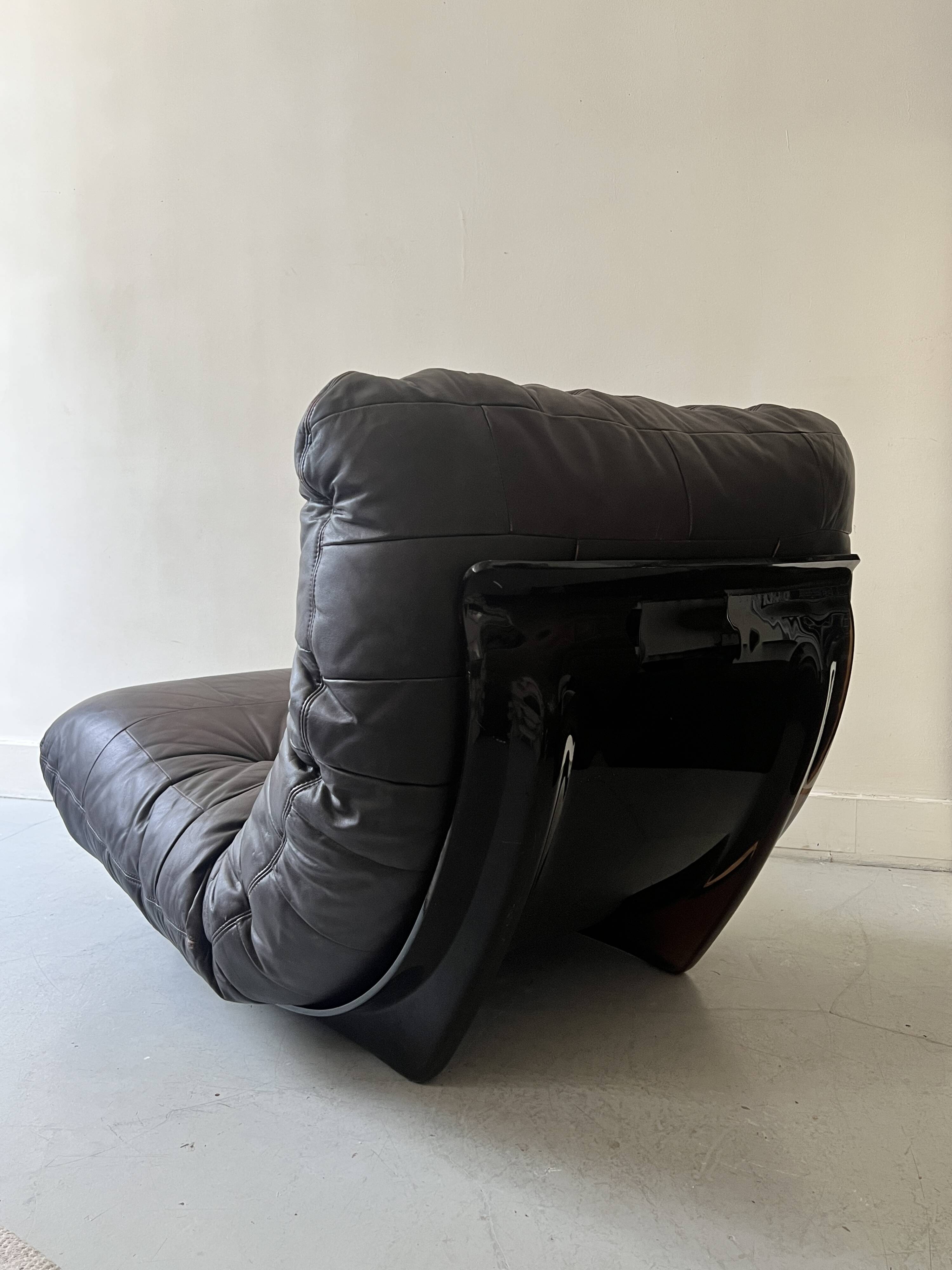 Marsala armchair in plexiglass & brown patchwork leather, Ligne Roset 1970