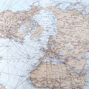 World map, planisphere, vintage air and sea routes from 1950.