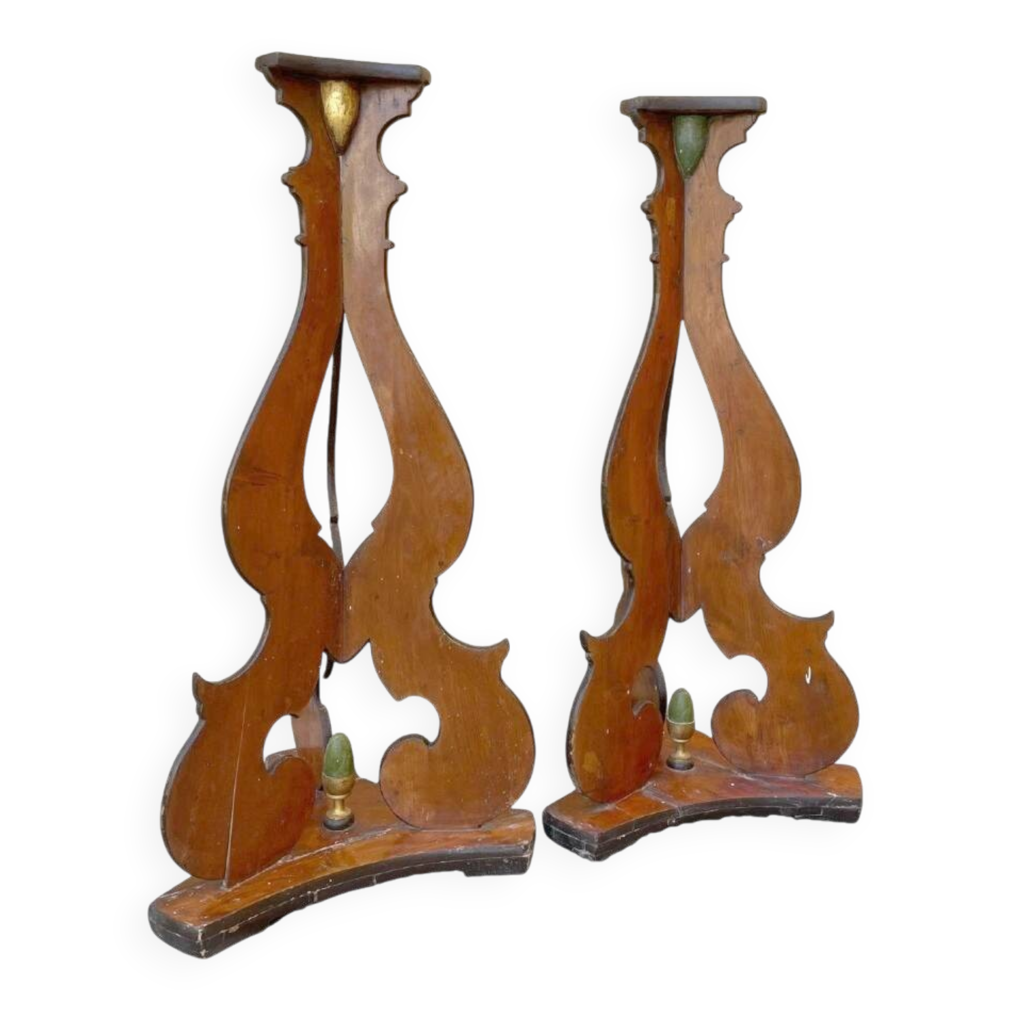 Large pair of late 18th/early 18th century painted wooden candlesticks, bases, tripods