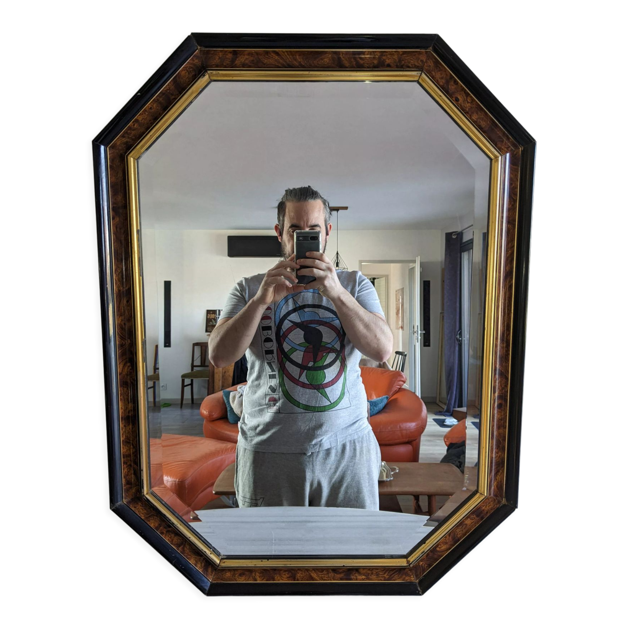 Octagonal vintage marbled mirror brown 61 x 82 cm
