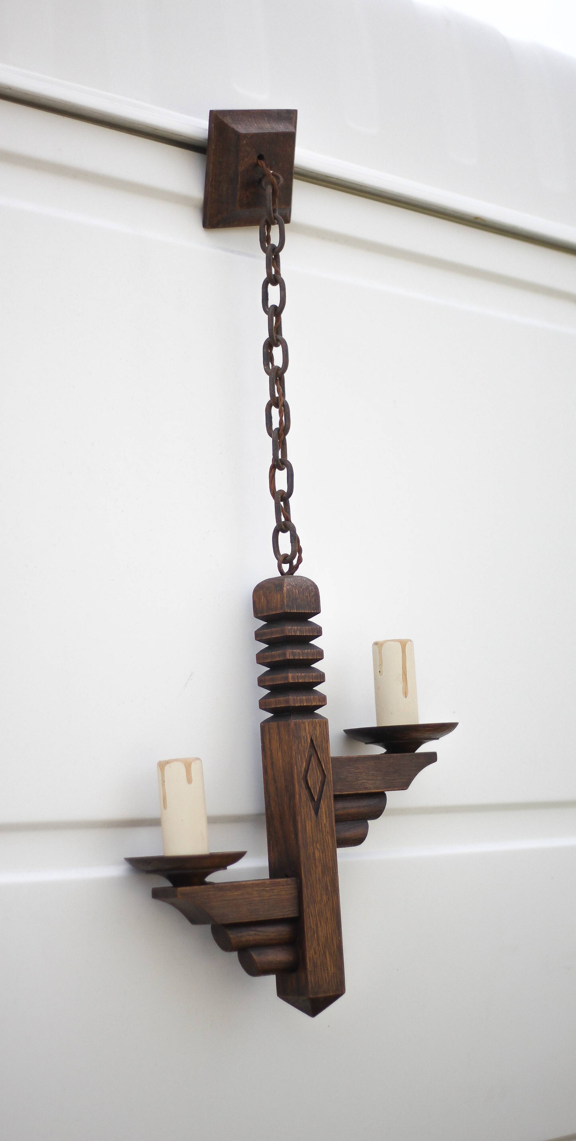 Wooden pendant light, vintage pendant light, 2-light wooden hanging lamp, Gothic