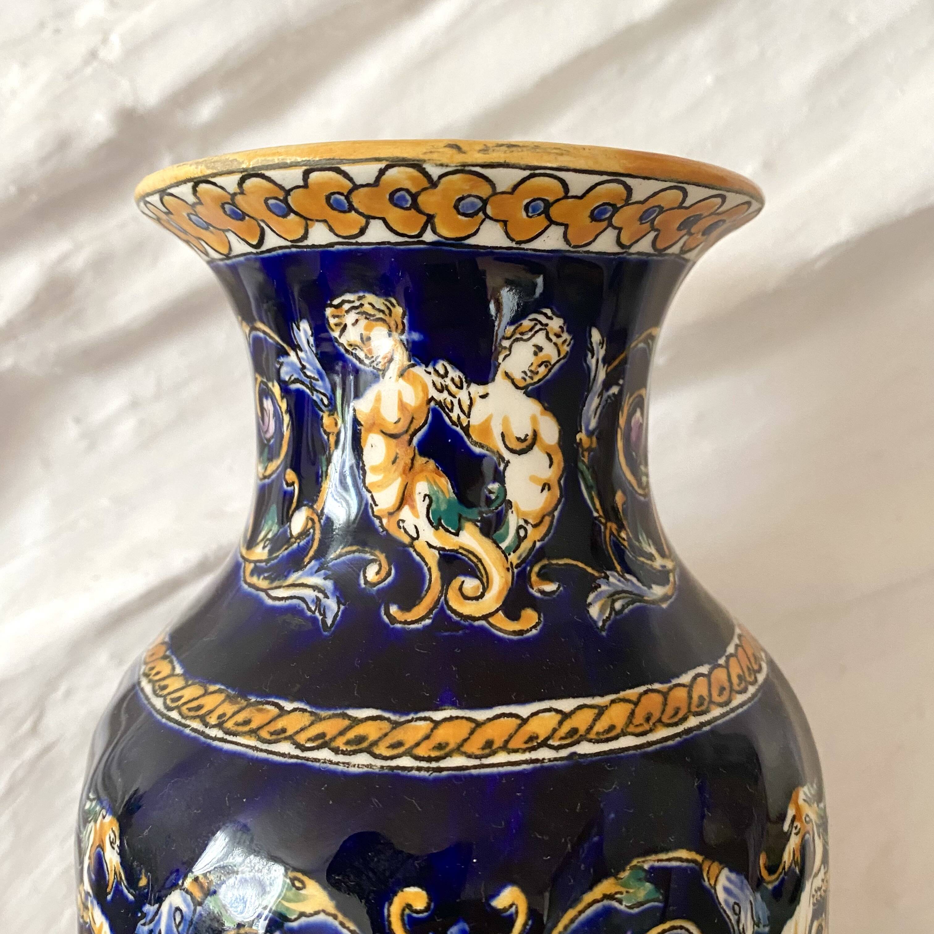 Earthenware vase from Gien with Renaissance decoration.