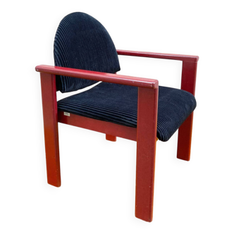 Mmo collective furniture armchair, red patinated wood and black corduroy