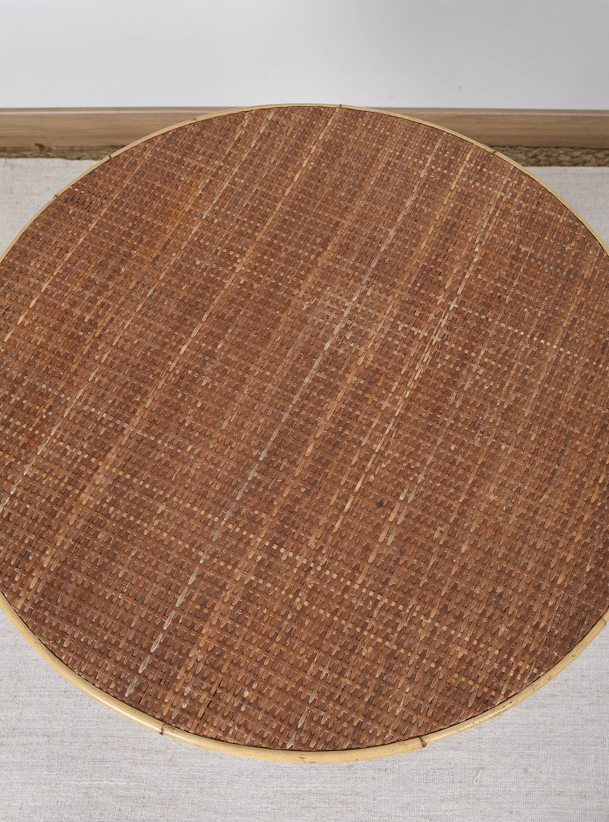 Old round rattan table, vintage from the 70s - 80s. Small table, or side table.