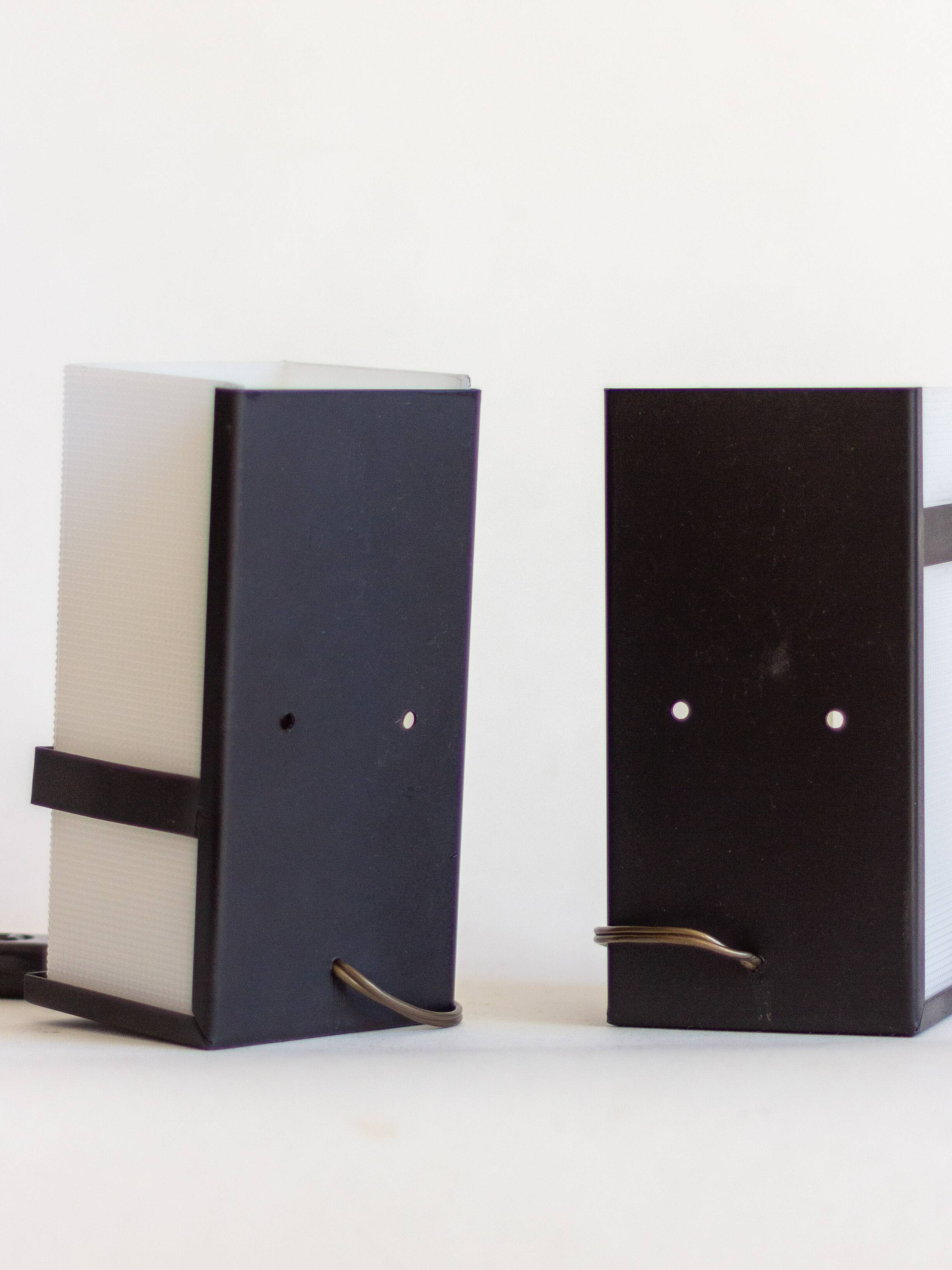 Pair of modernist metal wall lights with perspex diffuser, 1950s/1960s