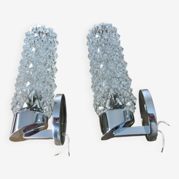 Pair of chrome-plated brass and "diamond tip" glass sconces from the 60s and 70s