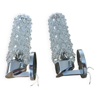 Pair of chrome-plated brass and "diamond tip" glass sconces from the 60s and 70s
