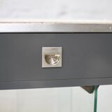 Modernist console, 1960s, glass base, wooden and fabric top.