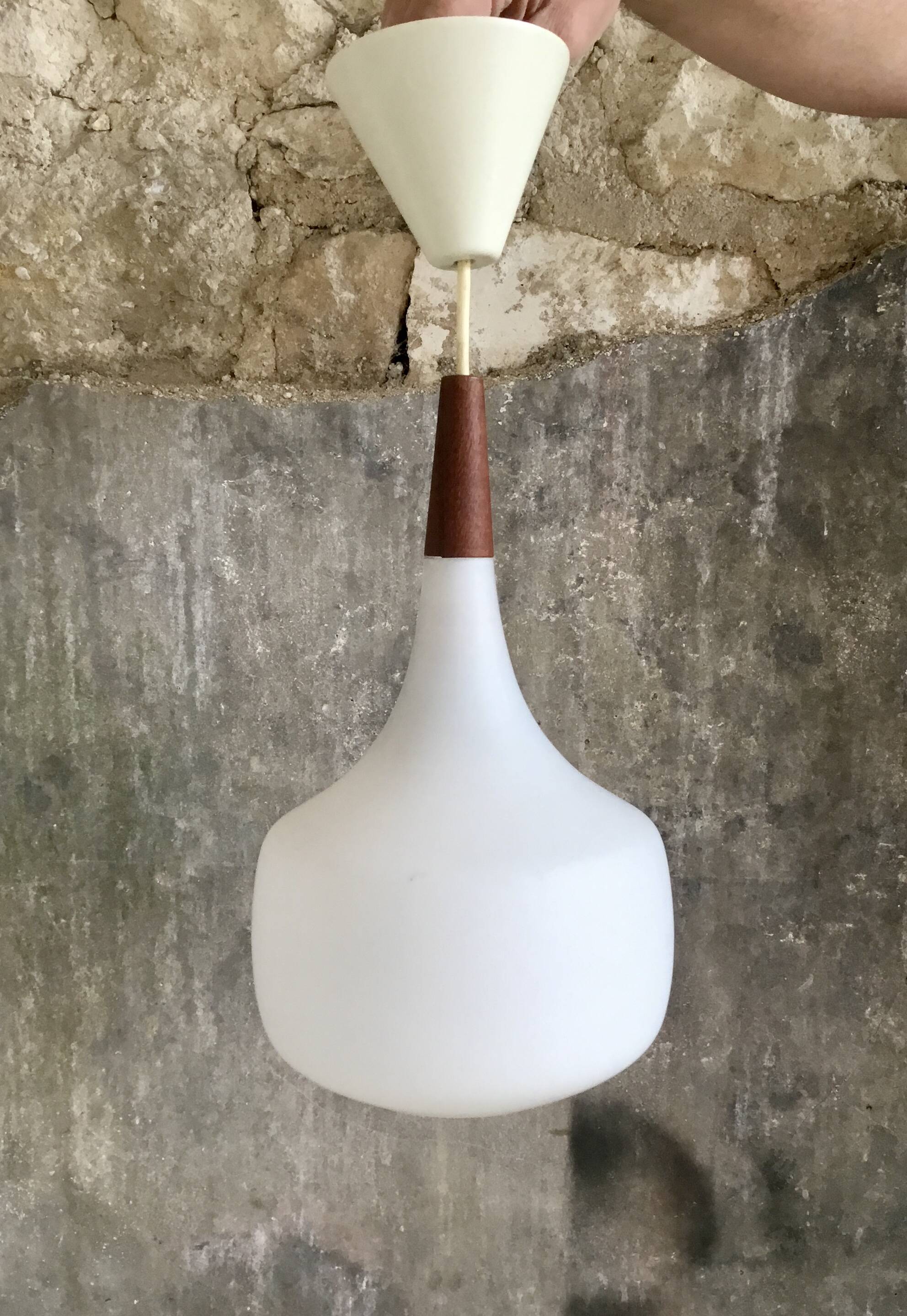 Scandinavian pendant light in opaline and teak - vintage 1960