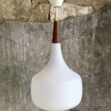 Scandinavian pendant light in opaline and teak - vintage 1960