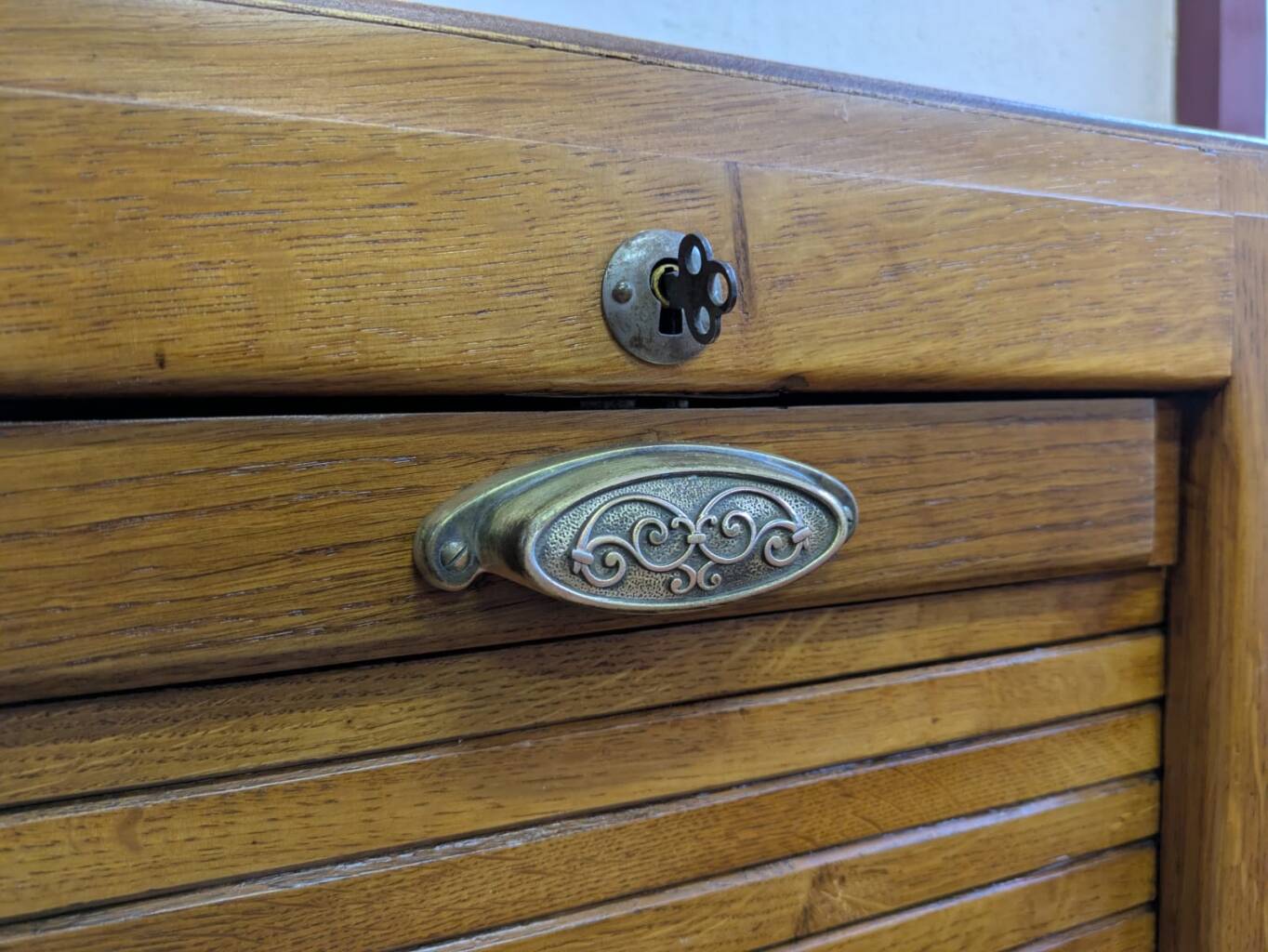Antique tambour file cabinet, high-end, single, France, 1930s