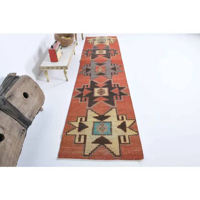 Vintage Turkish Hand-Knotted Wool Cotton Red Runner Rug 81x340